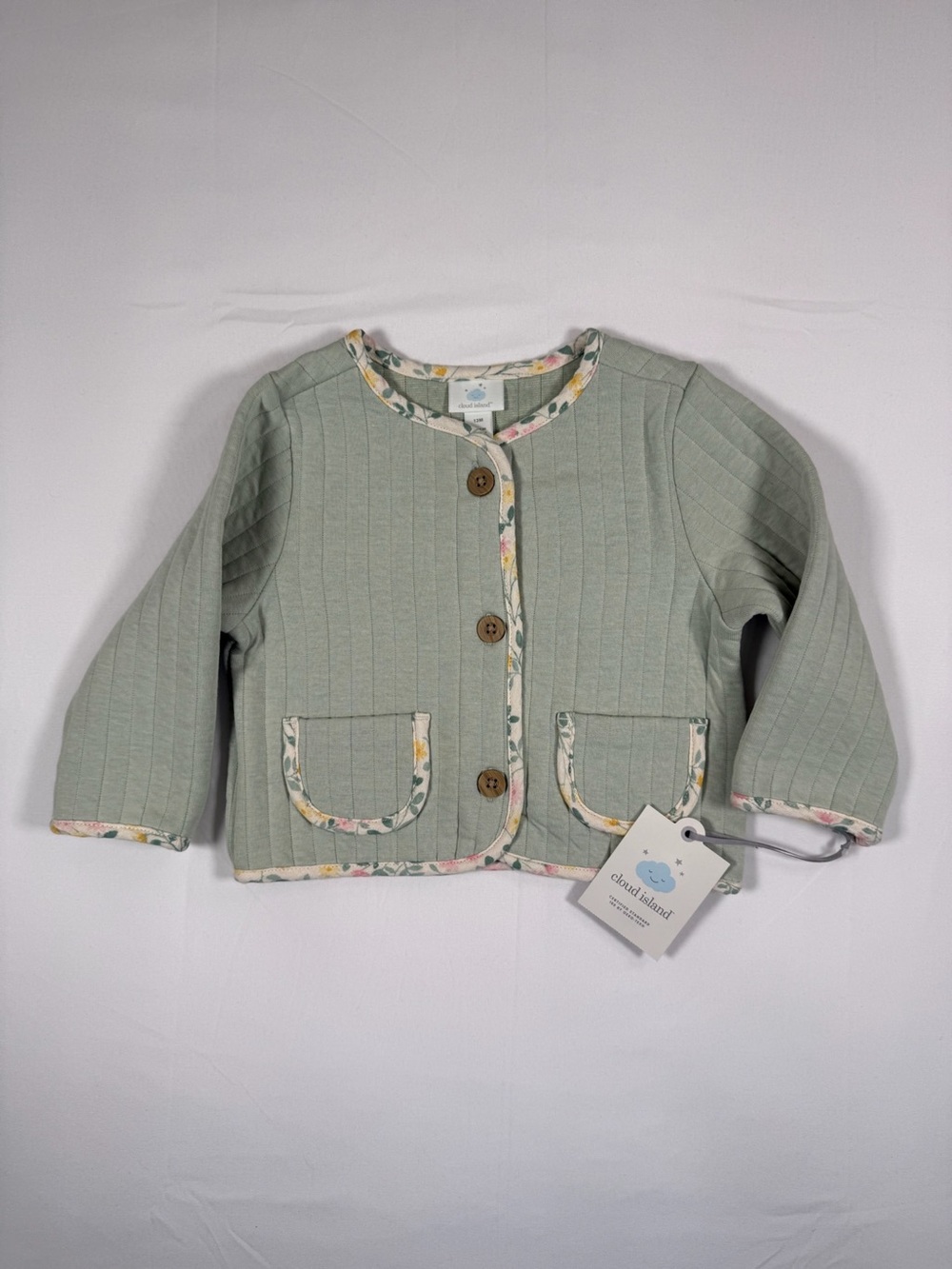 NWT CLOUD ISLAND Baby Girls Quilted Cardigan Sage Floral Trim 12M Organic Cotton